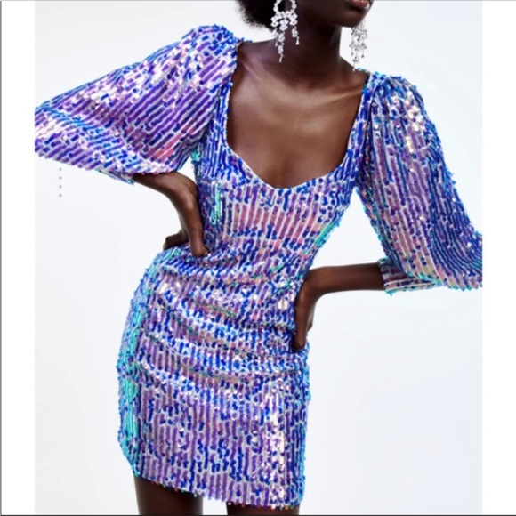 Zara Limited Edition Blue Pink Purple Long Sleeve Sequin Mini Dress sz S - Picture 2 of 12